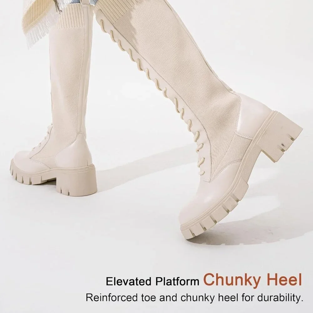 Women's Beige 953 Chunky Platform Heel Lace Gothic Knee High Combat Boots